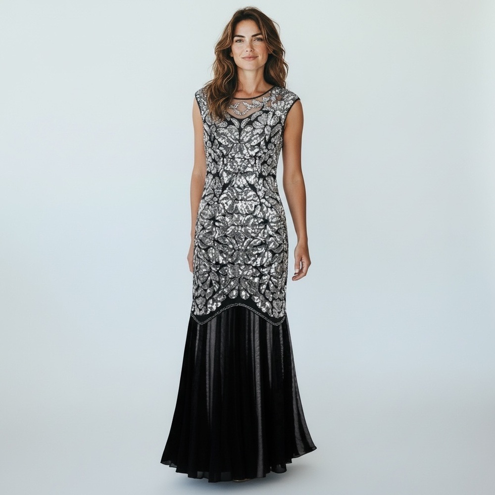 Pretty Guide Beaded and Sequin Silver Formal  Long Cocktail Party Dress size L
